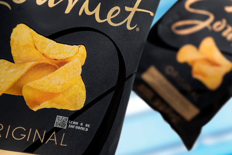 laser QR code on matte black gourmet potato chips packaging