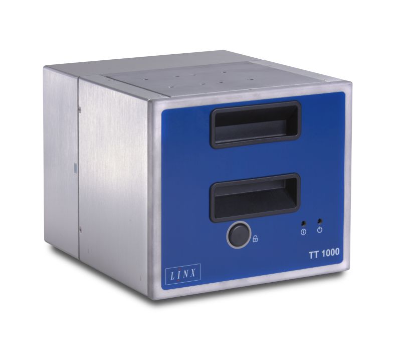 Close-up of the Linx TT1000 showing its ribbon system for high-speed printing.