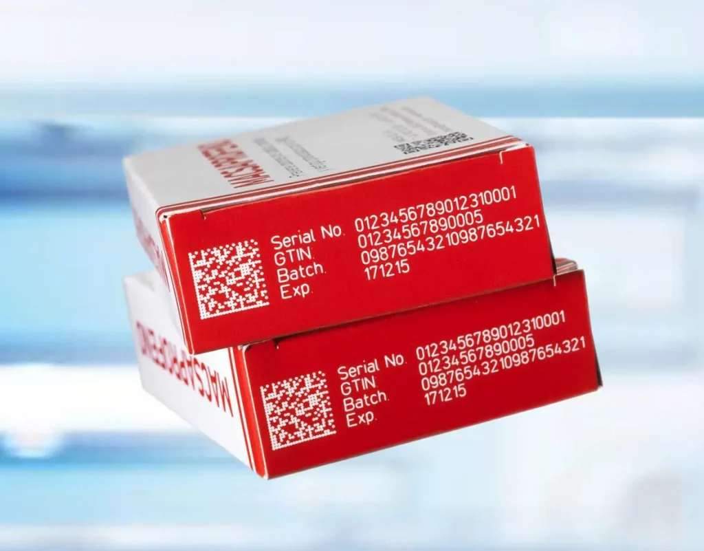 Serialization applied to pharmaceutical bottles for counterfeit prevention.